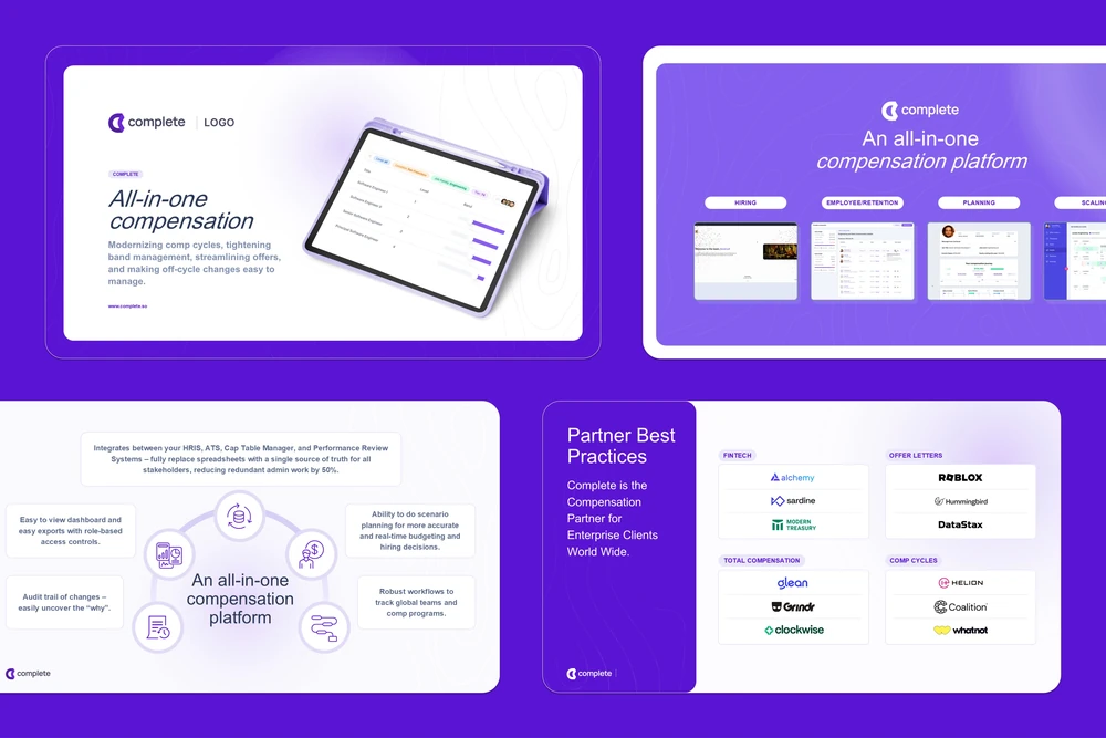 On-brand product slides designed for Complete, a compensation platform