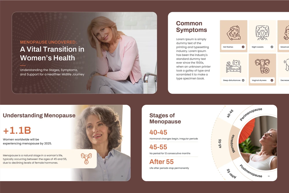 On-brand health education slides on the stages of menopause