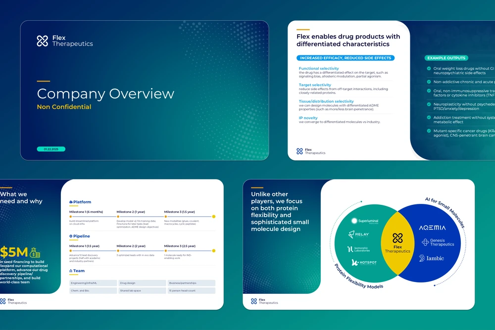 On-brand company overview slides designed for Flex Therapeutics