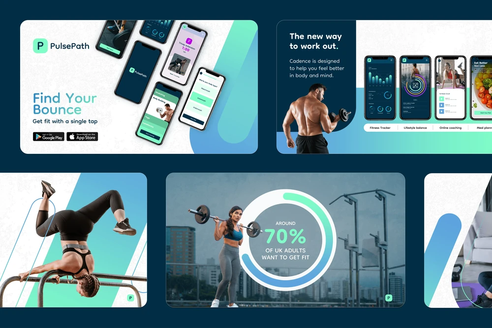 On-brand app launch slides designed for PulsePath, a fitness app